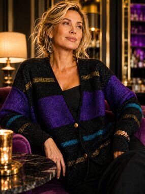 I.B. Diffusion Metallic Lambswool Oversized Cardigan Purple Gold Lurex Knit New